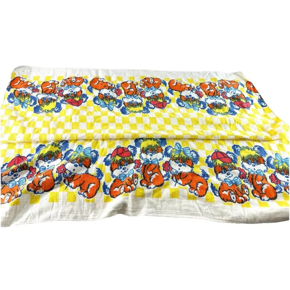 Vintage Puppy Dog Baby Blanket Terrycloth Yellow Checkered Retro Nursery 28x34